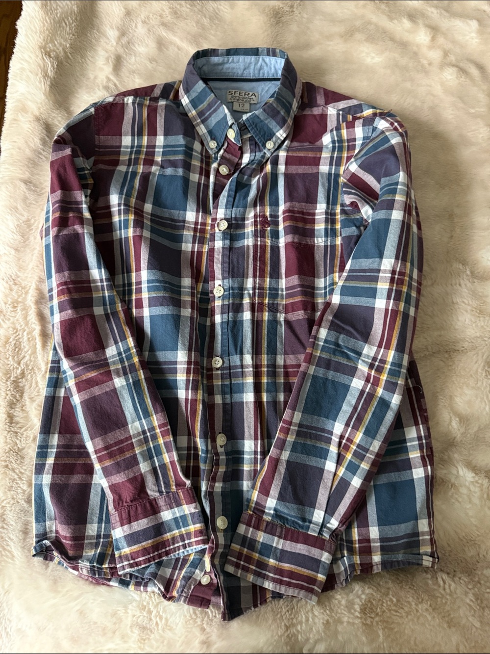 Plaid Button-Down Shirt - Blue, Burgundy & White